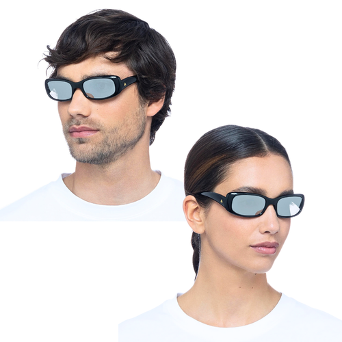 The image shows a man and a woman wearing the Aire Sunglasses Supernova Black