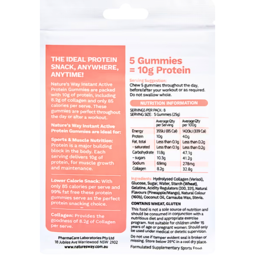 The image shows the back view of the package of Nature's Way Instant Active Protein Gummies Tropical Flavour 40 Gummies