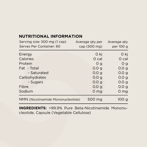 Switch Nutrition NMN 60 Capsules Vegan Ingredients Table