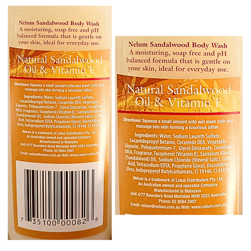 Ingredients list from the Nelum Natural Sandalwood Body Wash Package Label