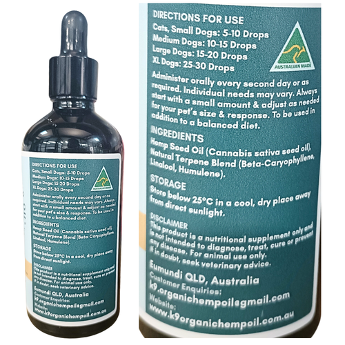 Image shows the ingrediets list and directions for use for K9 Organic Harmony Hemp Oil For Dogs & Cats