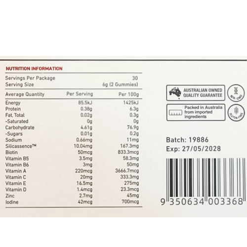 Image shows the Nutrition Information list from the Unichi Hair Glow Essentials Set Festive Season Gift Box