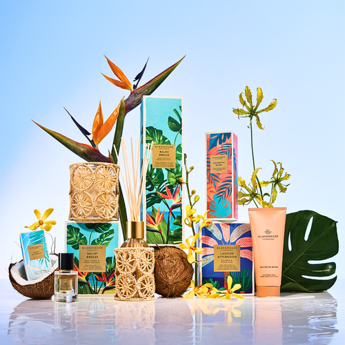 Image shows the Glasshouse Fragrances Candle Summer Refresh Range