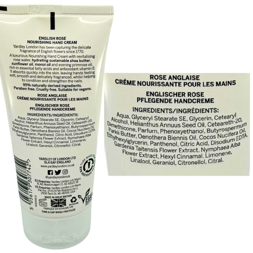 The image shows the ingredients list from the  Yardley English Rose Nourishing Hand Cream package