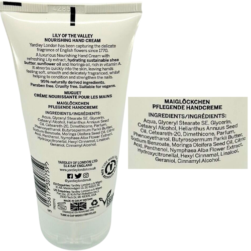 Ingredients information of Yardley Lily of the Valley Nourishing Hand Cream Vegan 75mL