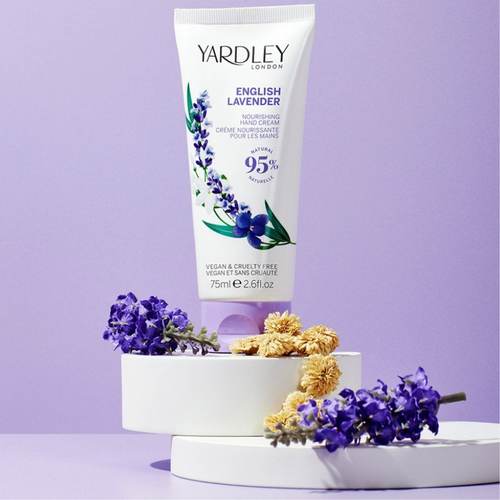 Yardley English Lavender Nourishing Hand Cream Vegan 75mL photo layout with lavender backdrop
