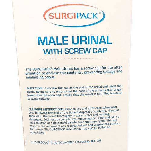 Image shows the information from the package on directions to use and cleaning of the surgipack Urinal with screw cap