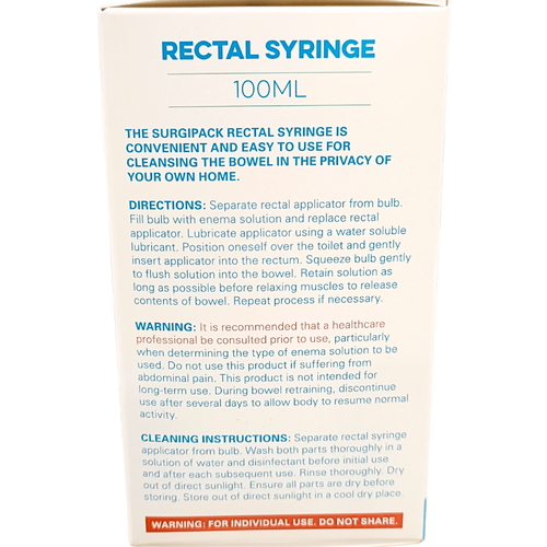 Side view and product information and usage of Surgipack Rectal Syringe Resuable 100mL