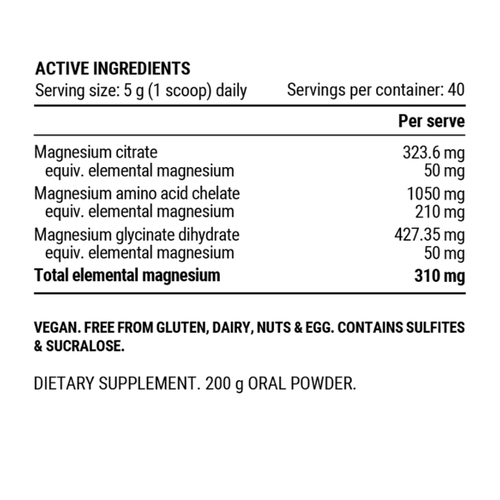 Ingredient list for Pillar Performance Triple Magnesium Powder Natural Berry 200g
