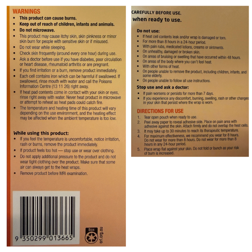 Inflamax Back Pain Heat Patches Odourless XL Size 2 Patches product back view