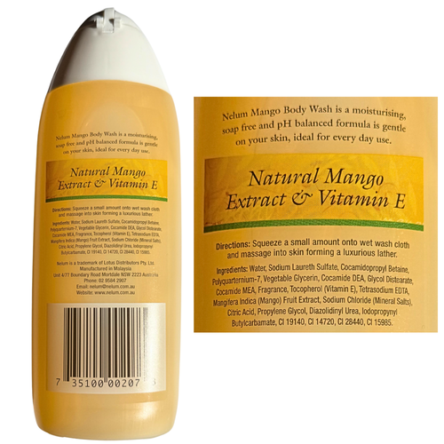 Nelum Body Wash Natural Mango And Vitamin E Soap Free 280mL ingredient listing