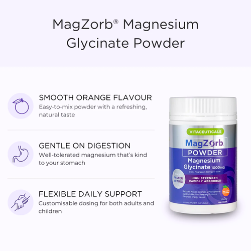 Vitaceuticals MagZorb Magnesium Glycinate Powder Orange 240g highlights