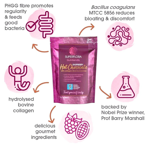 Noisy Gut Superflora Collagen, Fibre & Probiotics Raspberry Hot Chocolate 256g features