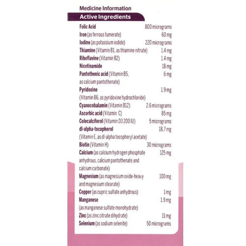 Natalis Pregnancy Support One-A-Day 100 Tablets ingredient list