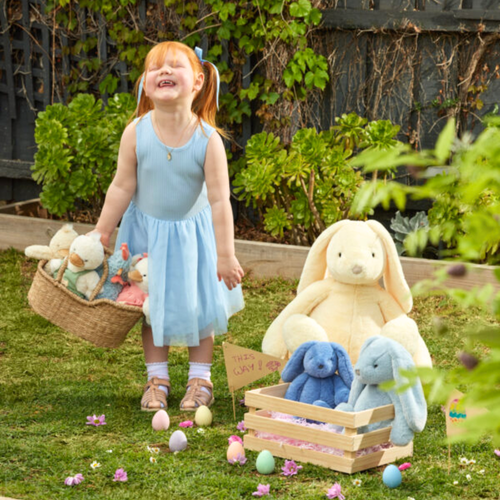 Jiggle & Giggle Cobalt Blue Bunny Soft Toy Small image with kid holding the product