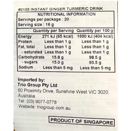 Gold Kili Instant Ginger Turmeric Drink Side nutritional label