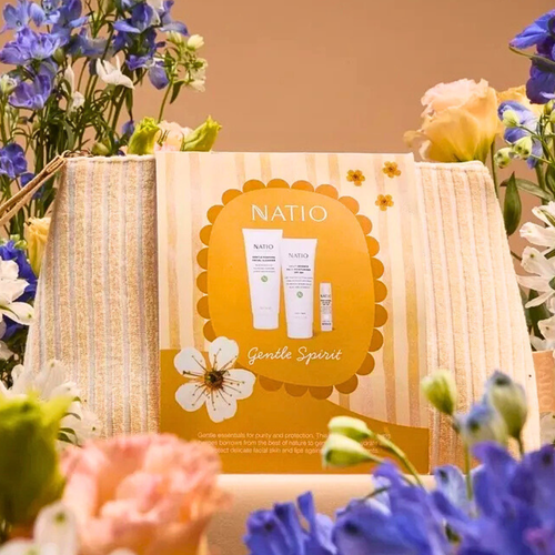 Natio Gentle Spirit Gift Set Trio image of product bag with floral background