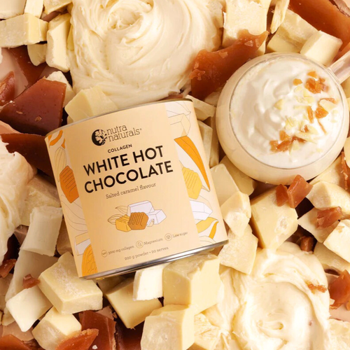 Nutra Naturals White Hot Chocolate Salted Caramel Collagen Powder 200g product image with edited background