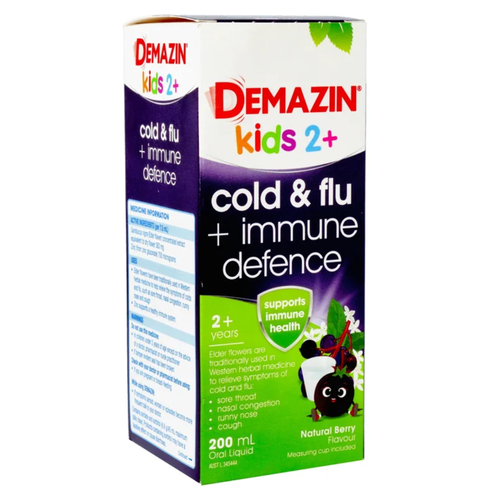 Front View of Demazin Kids 2+ Cold & Flu + Immune Defence Natural Berry Oral Liquid 200ml