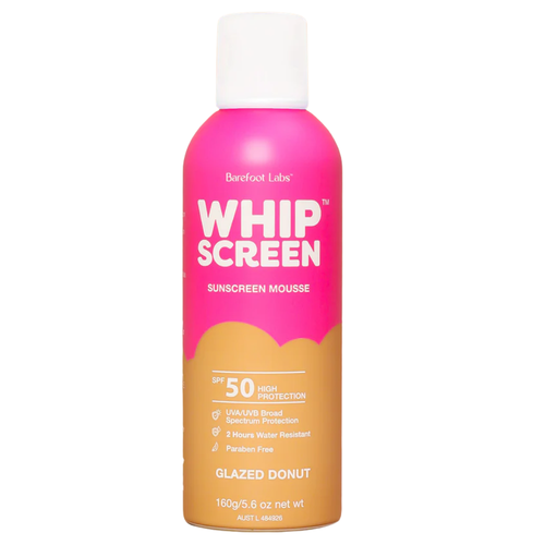 A pink and tan can of Barefoot Labs WhipScreen Sunscreen Mousse in Glazed Donut scent, SPF 50 with broad spectrum protection and 2 hours water resistance.