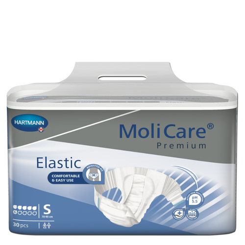 Packaging for Hartmann MoliCare Premium Elastic size S adult diapers, showing a package of 30 pcs with a waist size of 70-90 cm and indicating pH 5.5 for skin protection.