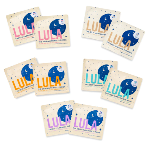 Lula Self-Warming Eye Mask Mixed 10 Pack featuring various scented and unscented individually wrapped masks for dry eye relief and relaxation.