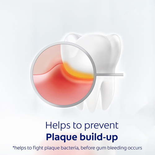 Illustration of a tooth with a magnified view showing red inflamed gums and yellow plaque buildup at the gum line. Text states "Helps to prevent Plaque build-up" and "helps to fight plaque bacteria, before gum bleeding occurs."