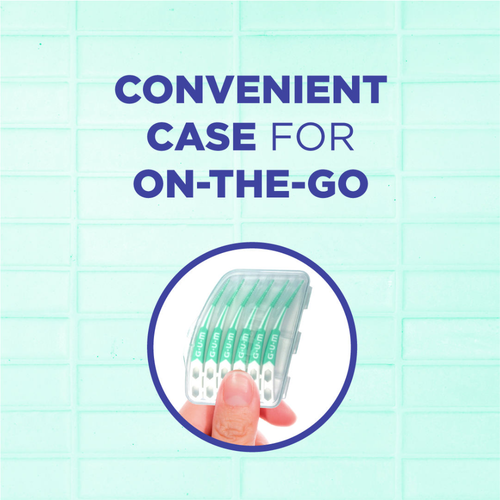 Text reads "AS EFFECTIVE AS FLOSS AT REMOVING PLAQUE" above a blue circle containing a white outline of a tooth with sparkles. The background is a light blue grid pattern.