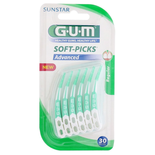 A package of 30 GUM Soft-Picks Advanced dental picks with mint green bristles and white handles.