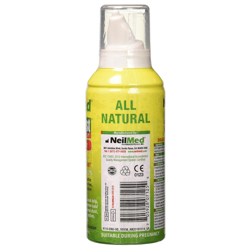 A bottle of NeilMed All Natural saline nasal spray with instructions and barcode.