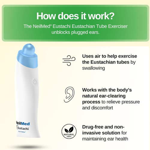 The NeilMed Eustachi Eustachian Tube Exerciser unblocks plugged ears by using air to exercise the Eustachian tubes through swallowing, working with the body's natural ear-clearing process to relieve pressure and discomfort. It is a drug-free solutio