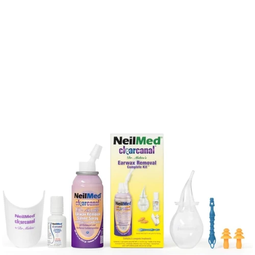 NeilMed Clear Canal Earwax Removal Complete Kit includes a saline spray, ear drops, a bulb syringe, a blue ear cleaning tool, and orange earplugs.