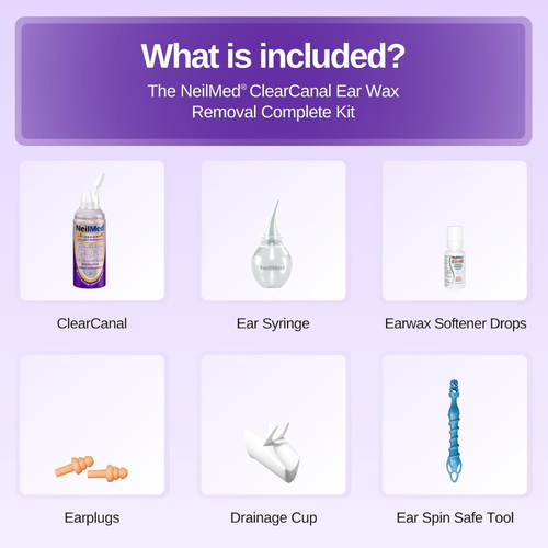 The NeilMed ClearCanal Ear Wax Removal Complete Kit includes a ClearCanal bottle, ear syringe, earwax softener drops, earplugs, drainage cup, and ear spin safe tool.
