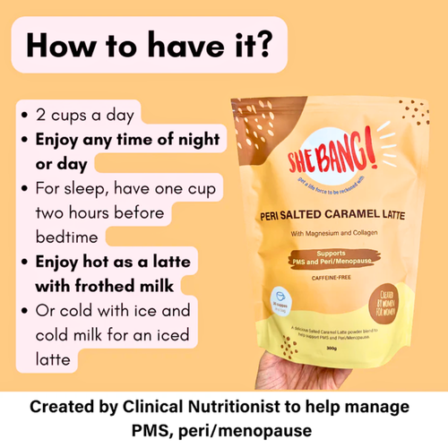 SheBANG! Peri Salted Caramel Latte Hot Chocolate Powder PMS Menopause Support 300g product usage info