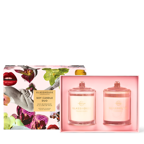 Glasshouse Fragrances Radiance In Bloom x Velvet Rhapsody Candle Duo 200g product image with packaging
