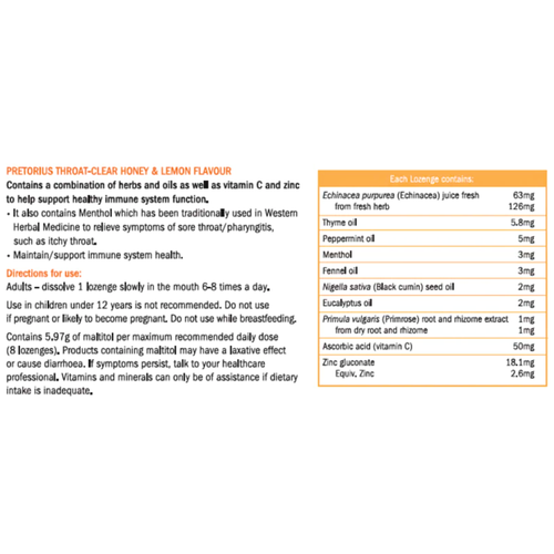 Pretorius Throat-Clear Honey & Lemon 20 Lozenges
