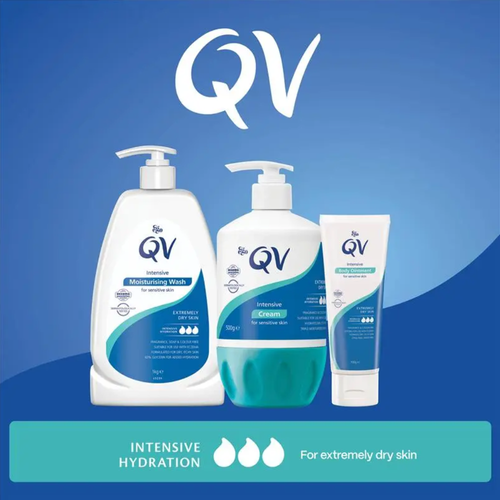 Three QV intensive skincare products: a large pump bottle of Moisturising Wash, a medium pump bottle of Intensive Cream, and a small tube of Intensive Body Cream.