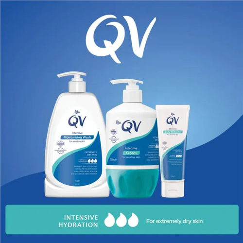 Three QV intensive skin care products: a large pump bottle of Moisturising Wash, a medium pump bottle of Intensive Cream, and a tube of Intensive Dry Skin.