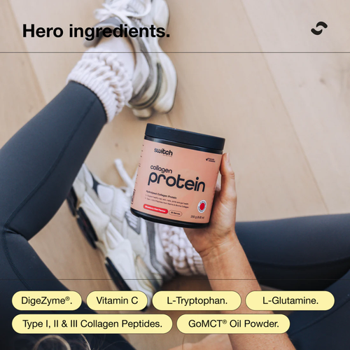 A person holding a jar of Switch collagen protein with a list of hero ingredients including DigeZyme, Vitamin C, L-Tryptophan, L-Glutamine, Type I, II & III Collagen Peptides, and GoMCT Oil Powder.