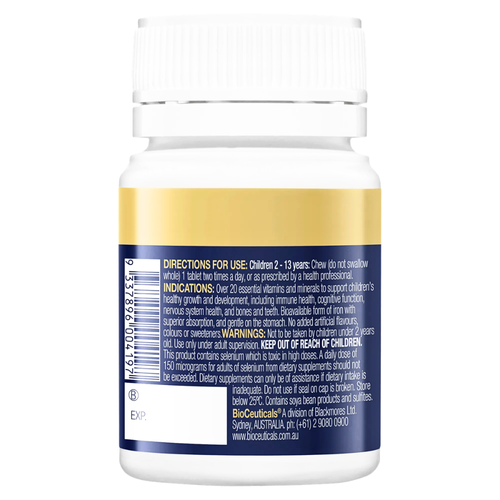 BioCeuticals Multi Essentials For Juniors 60 Tablets product image of directions for use, indications, and warnings printed on the label.