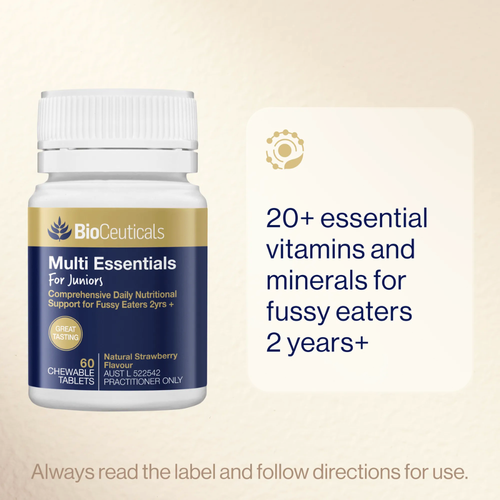 A bottle of BioCeuticals Multi Essentials for Juniors, featuring 60 chewable tablets with natural strawberry flavor, and text stating "20+ essential vitamins and minerals for fussy eaters 2 years+".