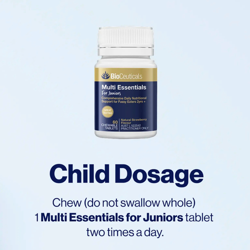 A bottle of BioCeuticals Multi Essentials for Juniors chewable tablets with dosage instructions for children.