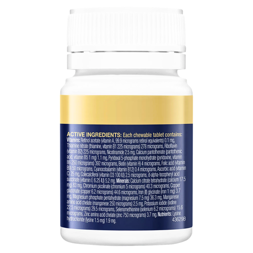 BioCeuticals Multi Essentials For Juniors Strawberry Flavoured 60 Tablets product image of label listing the active ingredients and their quantities