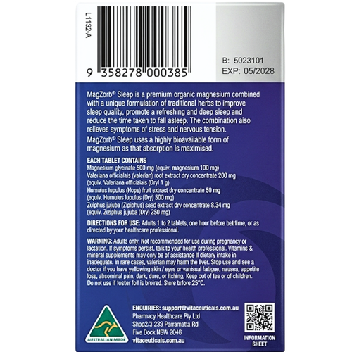 Vitaceuticals MagZorb Sleep Magnesium Glycinate 10 Tablets