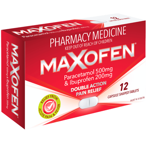 Maxofen Paracetamol 500mg & Ibuprofen 200mg Double Action Pain Relief 12 Capsules