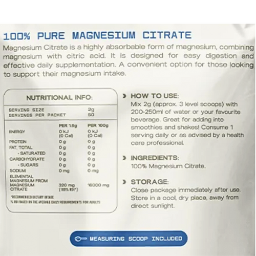Protein Supplies Australia Pure Magnesium Citrate back view of the package image