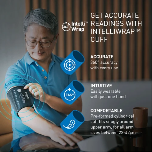Omron HEM7193FL Premium Automatic Blood Pressure Monitor IQ with Cuff 22-42cm. Man wearing an OMRON IntelliWrap cuff on his upper arm with callouts for 360-degree accuracy, easy one-handed wear, and 22-42cm fit.