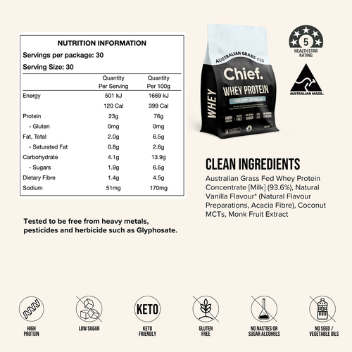 Chief. Grass-fed Whey Protein Powder Creamy Vanilla 1 Serving 30g Sachet