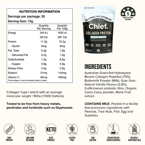 Chief. Collagen Protein Grass-fed Bovine Powder Creamy Vanilla 1 Serving 15g Sachet
