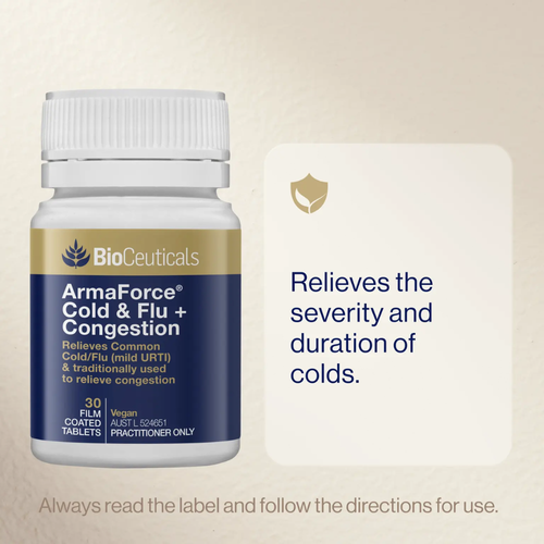 BioCeuticals ArmaForce Cold & Flu + Congestion bottle alongside text stating Relieves the severity and duration of colds.